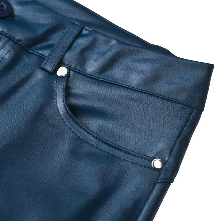Versatile unisex high-waisted bottoms, featuring a sleek finish and comfortable stretchy slim fit. Fashionable.