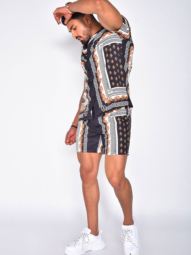 Men's stylish summer set: short sleeve shirt & matching shorts. Perfect for casual comfort & beach.