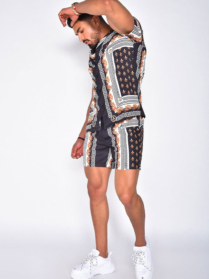 Men's stylish summer set: short sleeve shirt & matching shorts. Perfect for casual comfort & beach.