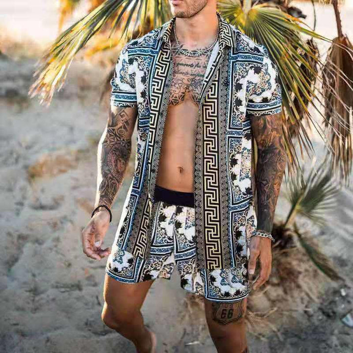 Coordinated men's summer outfit: comfortable short sleeve top and matching shorts for vacation.