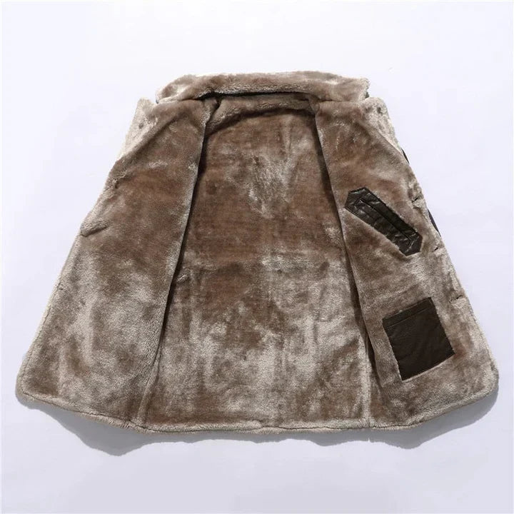 Warm men's brown mid-length winter coat with a classic notched collar, ideal for casual and business casual wear.