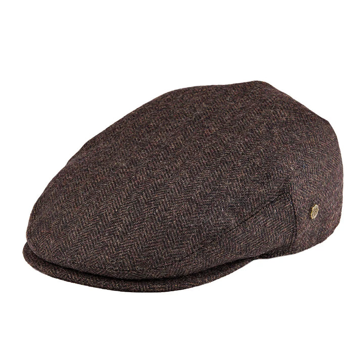 Back view of a men's classic flat cap in herringbone, a versatile accessory.