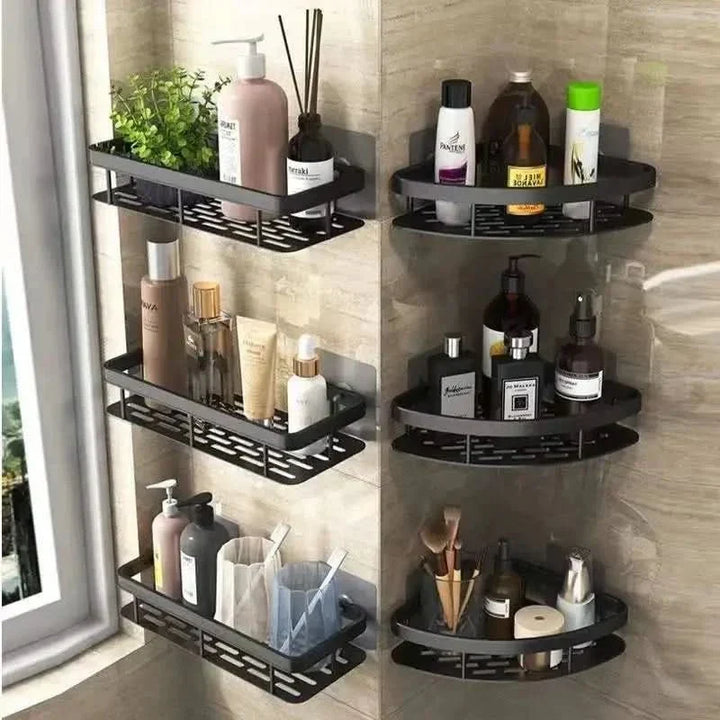 Two-tier no-drill corner bathroom shelf for space-saving storage of toiletries & shower essentials.
