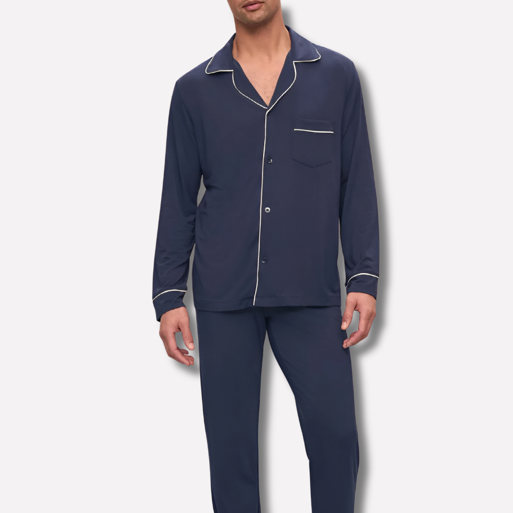 Men's comfortable cotton button-up pyjama set with long sleeves, ideal for sleepwear and loungewear.
