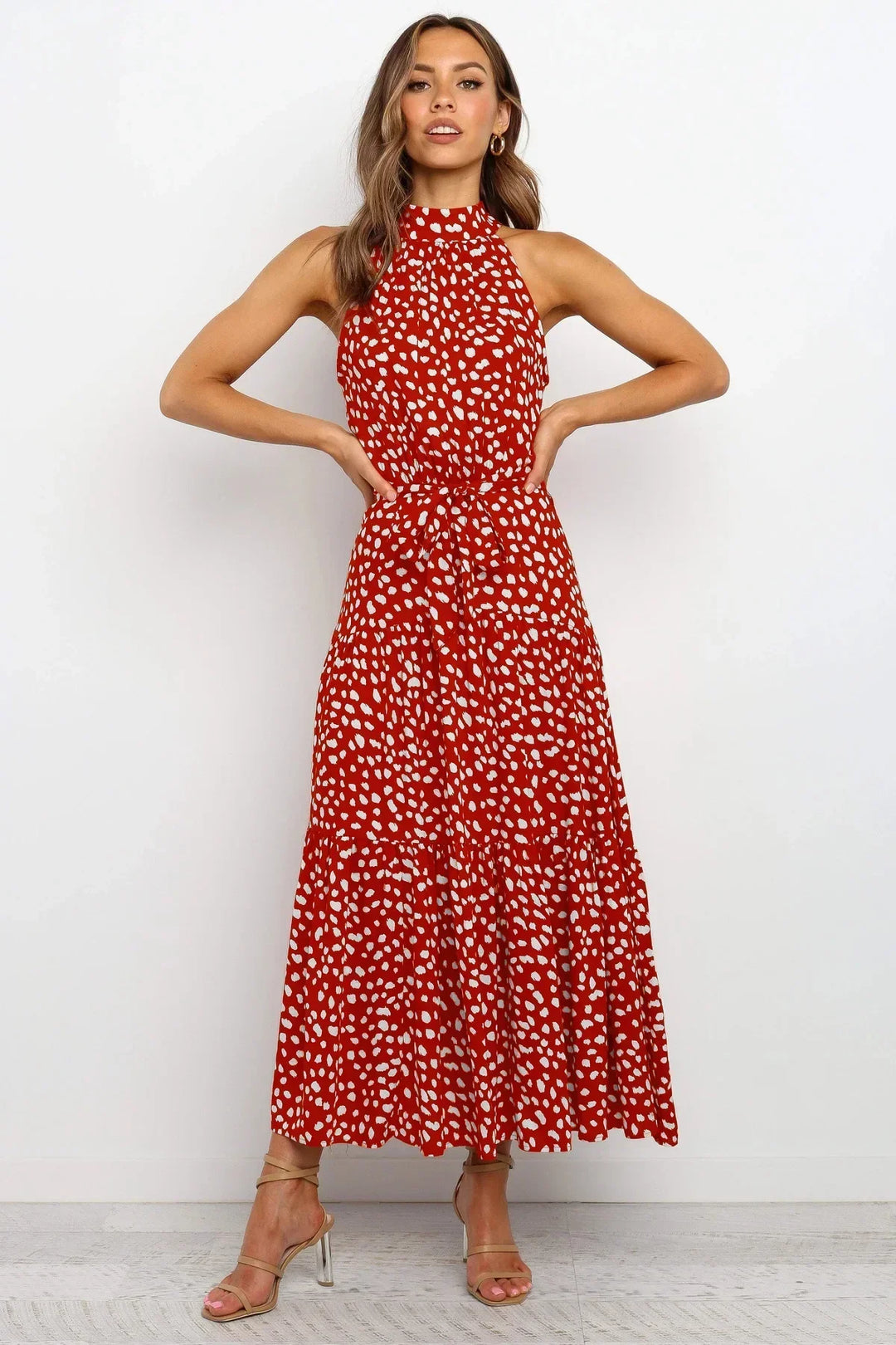 Women's polka dot summer maxi dress, comfortable & elegant.