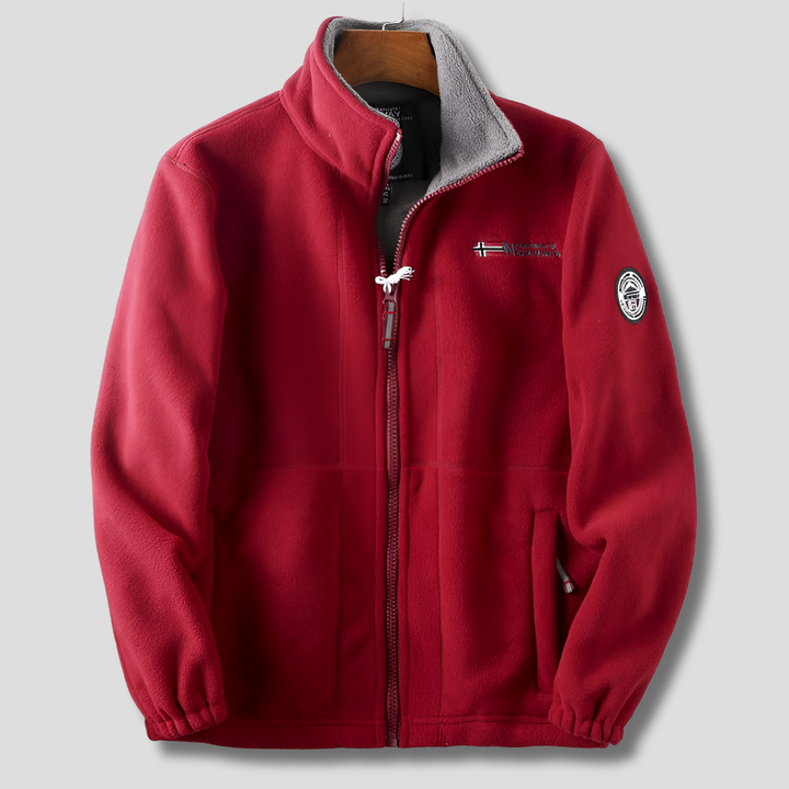 Essential men's full-zip outdoor fleece jacket, offering warmth and breathability for fall hikes & winter adventures.