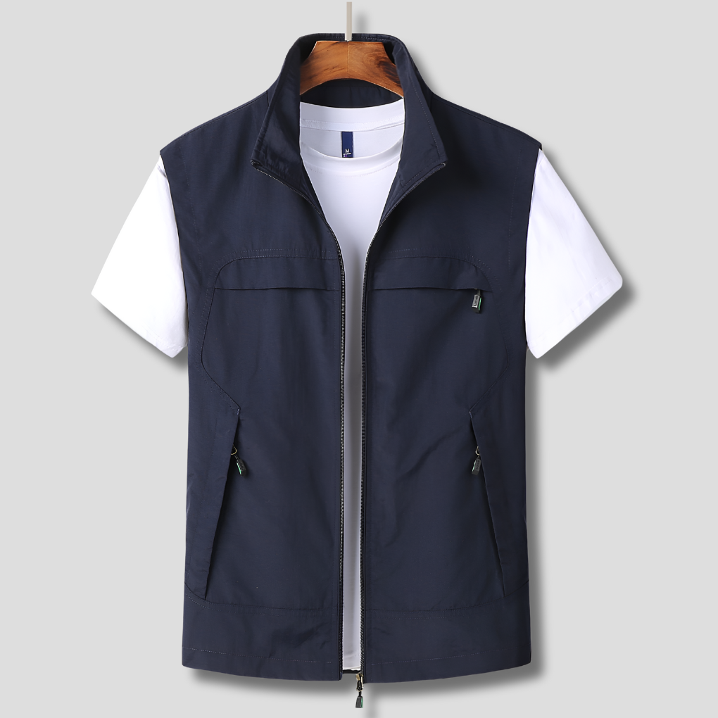 Men's quick-dry utility vest with multiple pockets, ideal for hiking, fishing, or travel. Breathable active wear.