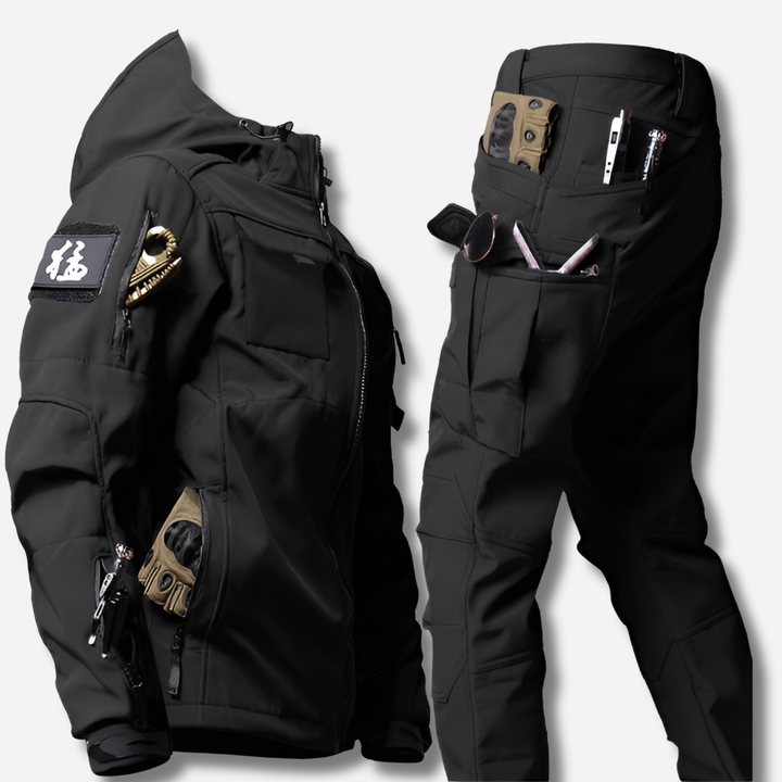 Weather-resistant gray softshell hiking set for men, including jacket & pants for outdoor activewear.