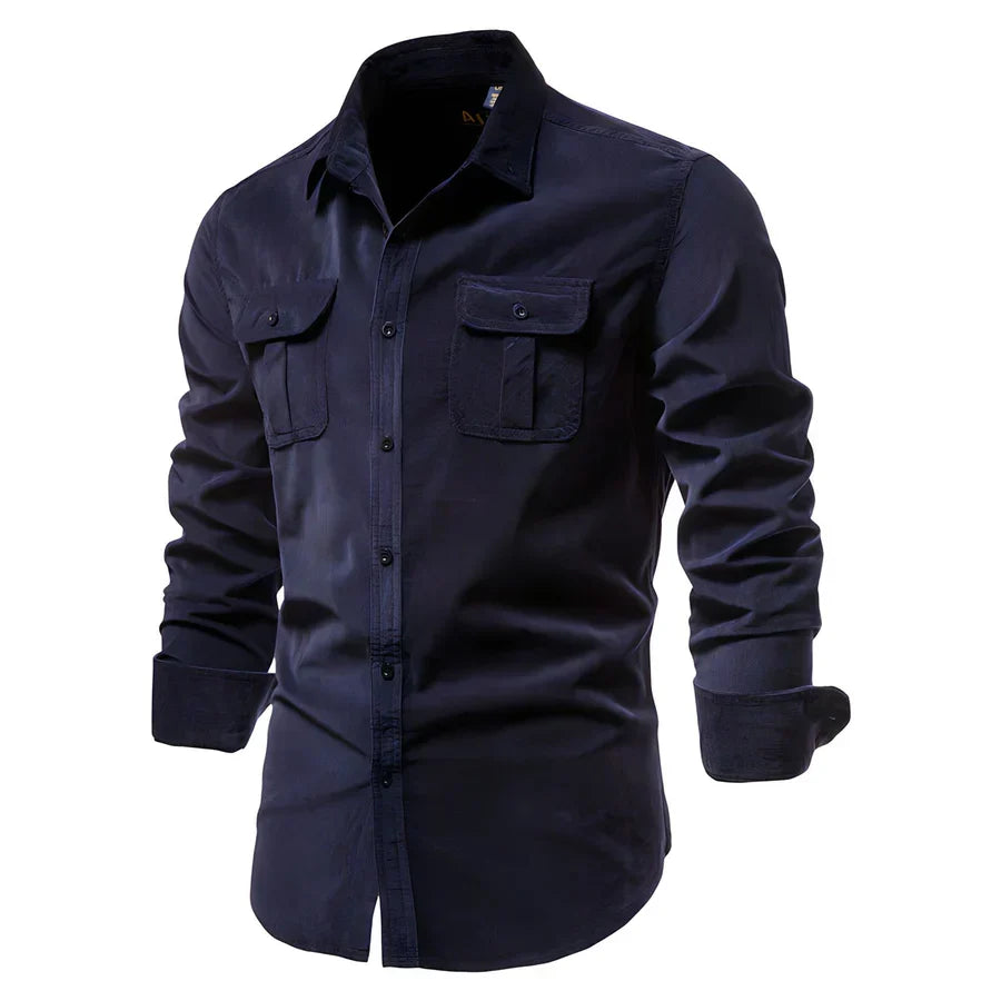 Comfortable men's long-sleeve button-down shirt, versatile for everyday style and all-season smart casual outfits.