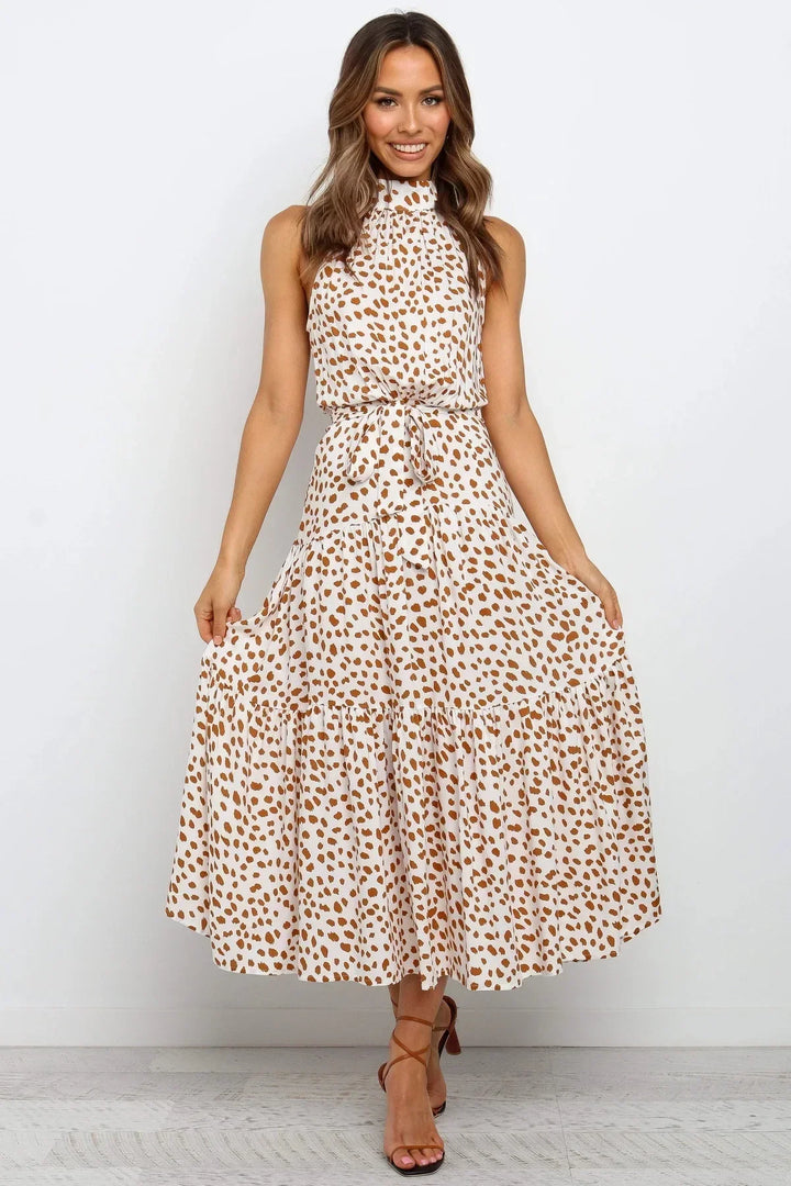 Polka dot beach maxi dress, flowy and elegant for women's summer.