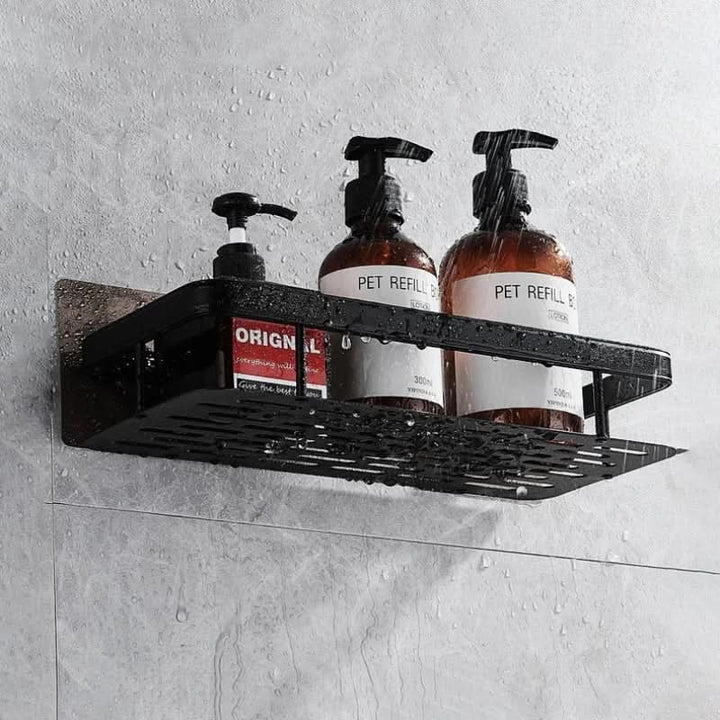 Space-saving no-drill two-tier corner shelf, ideal for decluttering bathrooms and organizing toiletries.