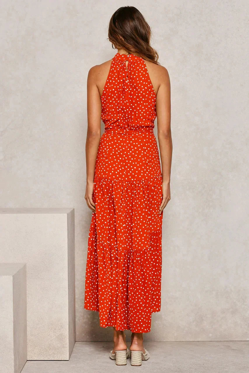Polka dot maxi dress, elegant women's fashion for a flowy summer look.
