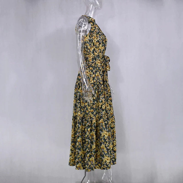 Elegant polka dot maxi dress for women, comfortable summer wear.