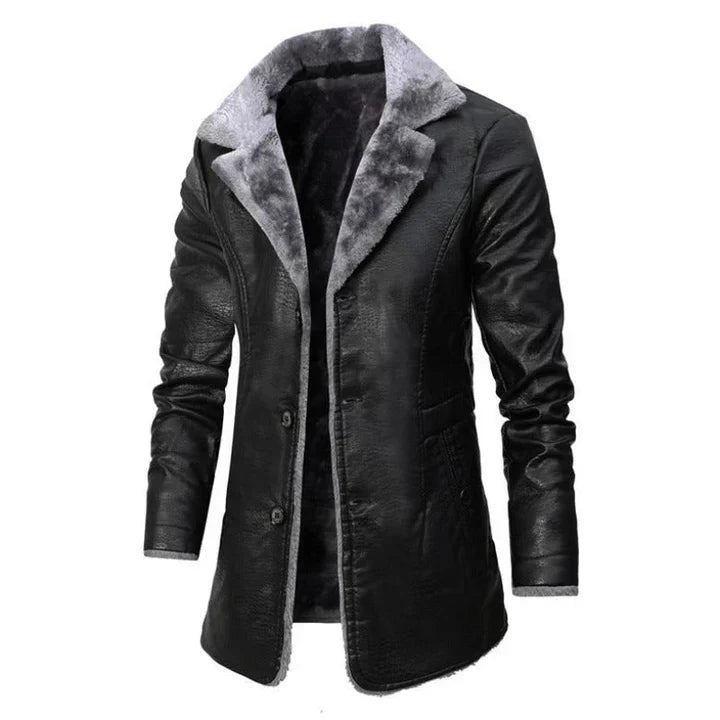 Stylish men's black mid-length winter coat featuring a notched lapel and button-down closure for fall fashion.
