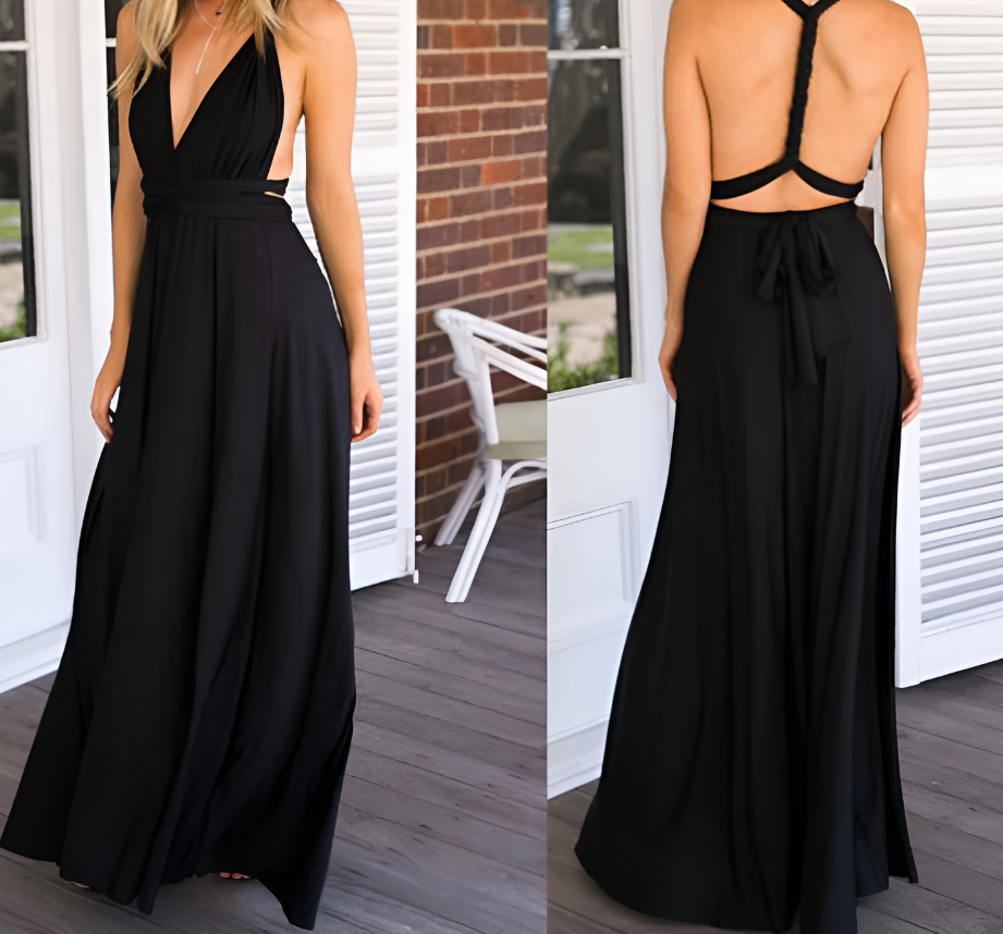 Elegant women's convertible maxi dress, a multiway wrap gown for evening events & formal occasions.