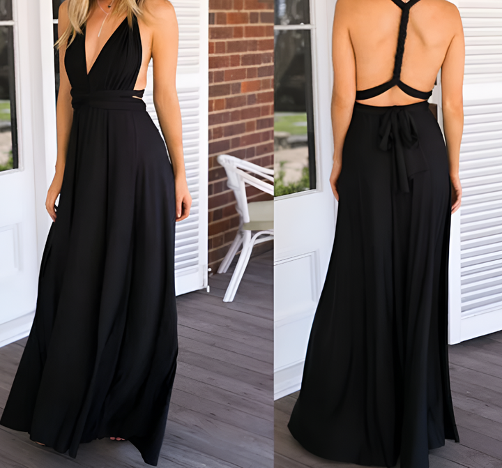 Elegant women's convertible maxi dress, a multiway wrap gown for evening events & formal occasions.