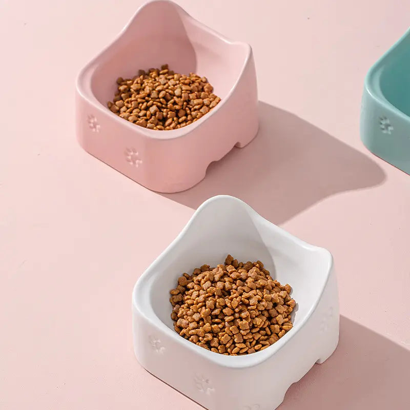 Premium ergonomic raised pet feeder bowl, non-slip base. A complete feeding solution for your cat's well-being.