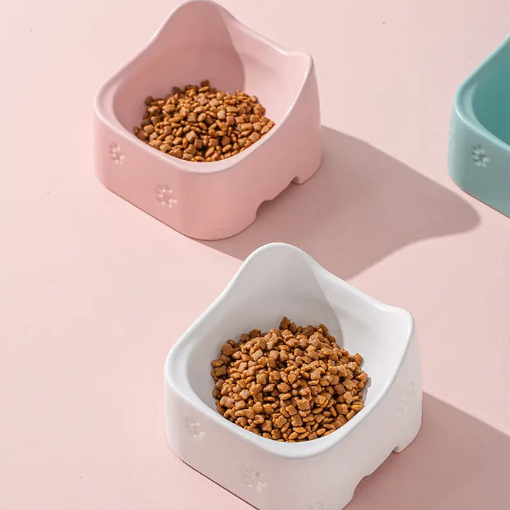 Premium ergonomic raised pet feeder bowl, non-slip base. A complete feeding solution for your cat's well-being.