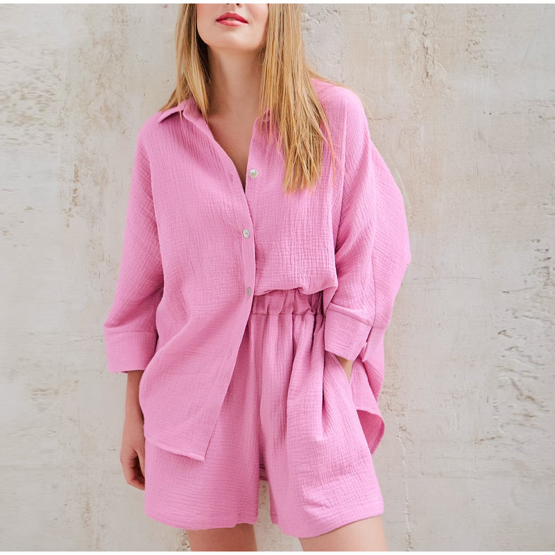 Versatile women's linen two-piece set for summer, elegant casual wear or resort outfit.