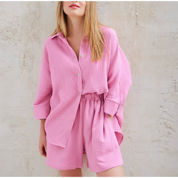 Versatile women's linen two-piece set for summer, elegant casual wear or resort outfit.