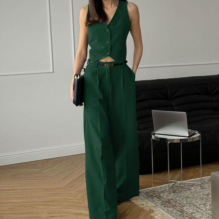 Women's tailored two-piece set: chic waistcoat top & comfortable wide-leg high-waist trousers for work.