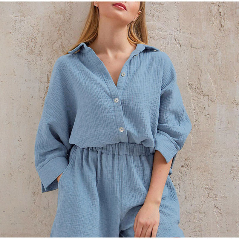 Chic women's linen two-piece summer set, elegant and comfortable for summer resort style.