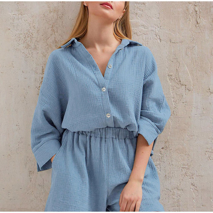 Chic women's linen two-piece summer set, elegant and comfortable for summer resort style.