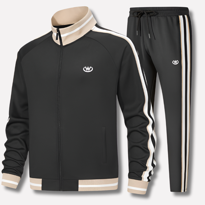 Men's athletic tracksuit set with zip jacket & stylish stripe detail. Perfect for activewear, gym, or casual use.