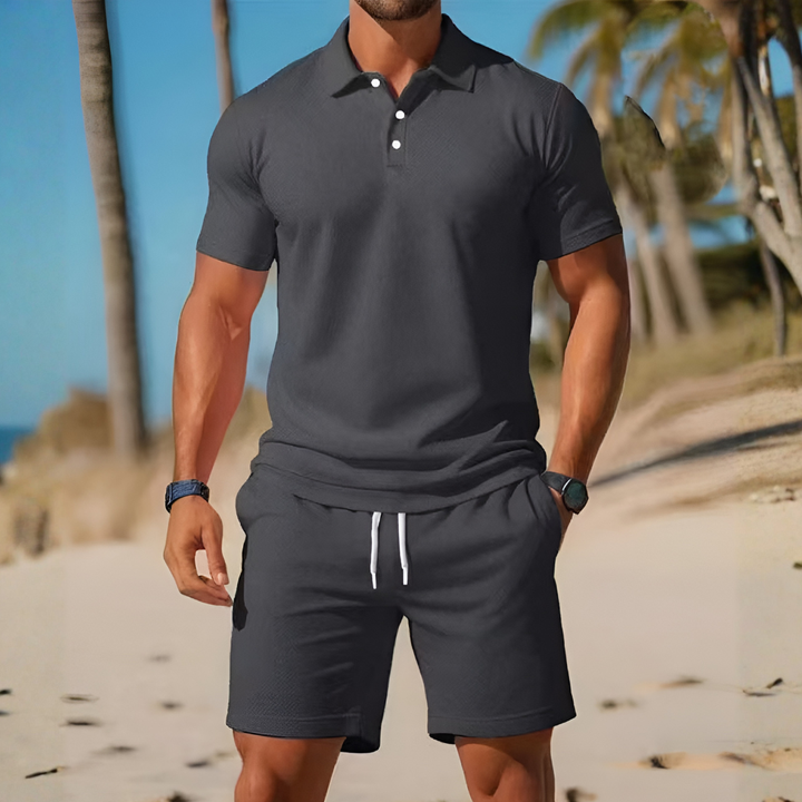 Men's fashion: casual polo shirt and shorts set. A comfortable, stylish two-piece summer leisure wear ensemble.