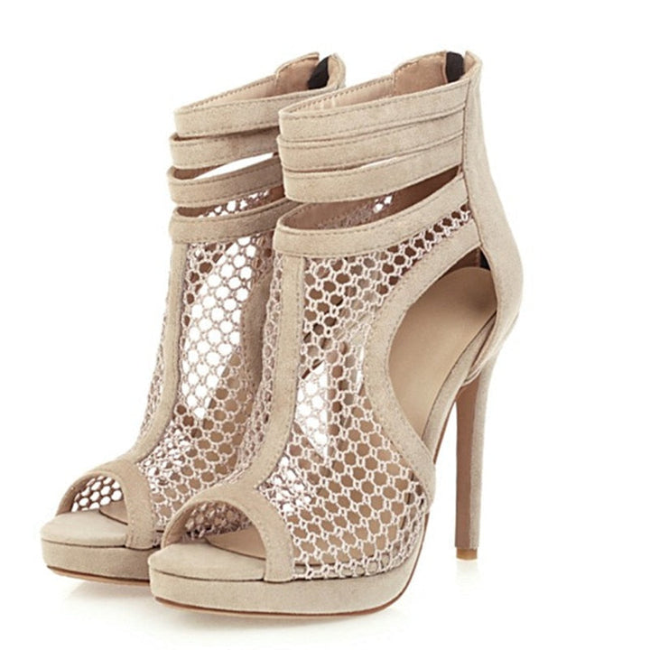 Elegant peep toe high heel ankle boots for women, sophisticated evening wear footwear.