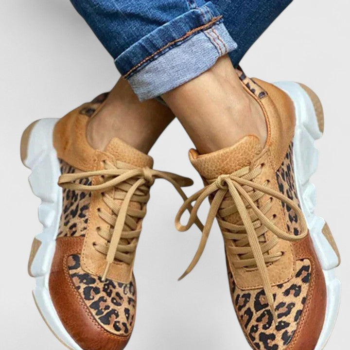 Trendy women's leopard pattern comfort sneakers for walking; stylish footwear with great arch support.