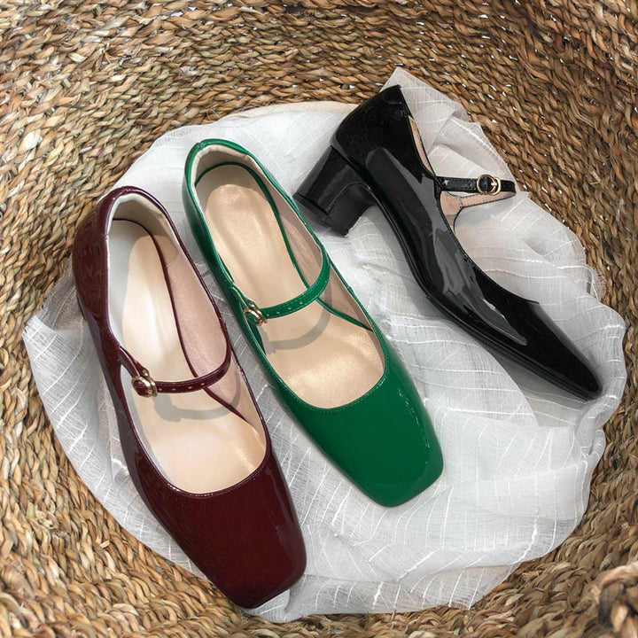 Shiny orthopedic block heel shoes designed for women, providing therapeutic support & style.
