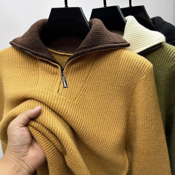 Men's stylish quarter-zip pullover sweater, perfect for casual everyday wear & fall fashion layering.
