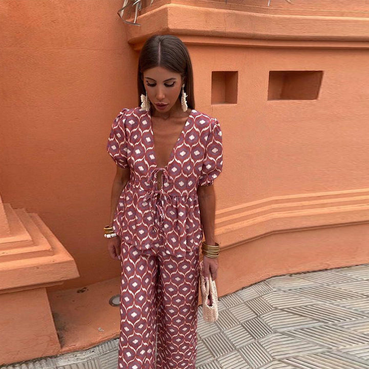 Elegant women's patterned two-piece set, comfortable for any occasion, holiday vibes.