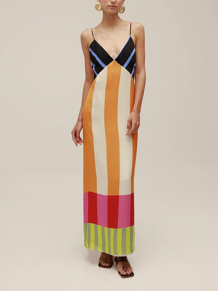 Vibrant multicolor long maxi dress for women, embodying stylish summer fashion with its elegant and casual appeal.
