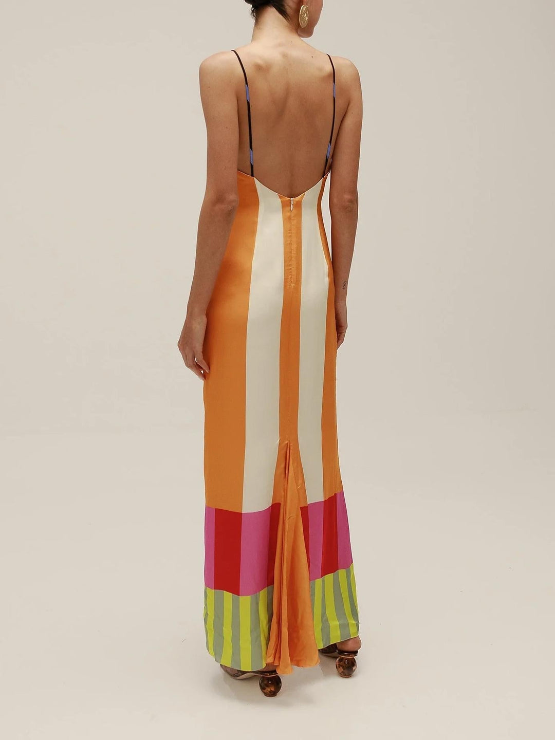 Women's vibrant multicolor maxi dress with a flattering neckline, long and comfortable, perfect for summer versatility.