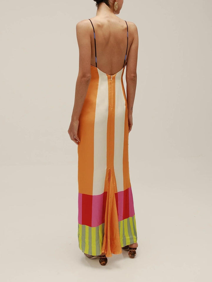Women's vibrant multicolor maxi dress with a flattering neckline, long and comfortable, perfect for summer versatility.
