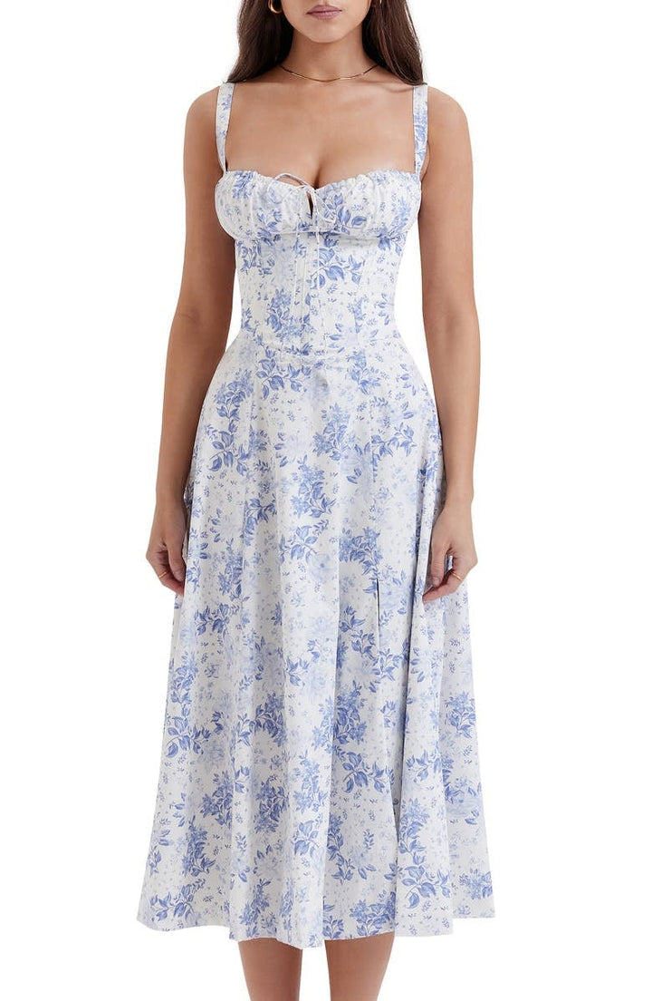 Flattering women's floral print midi dress, elegant party style. Heart neckline, comfortable fit.