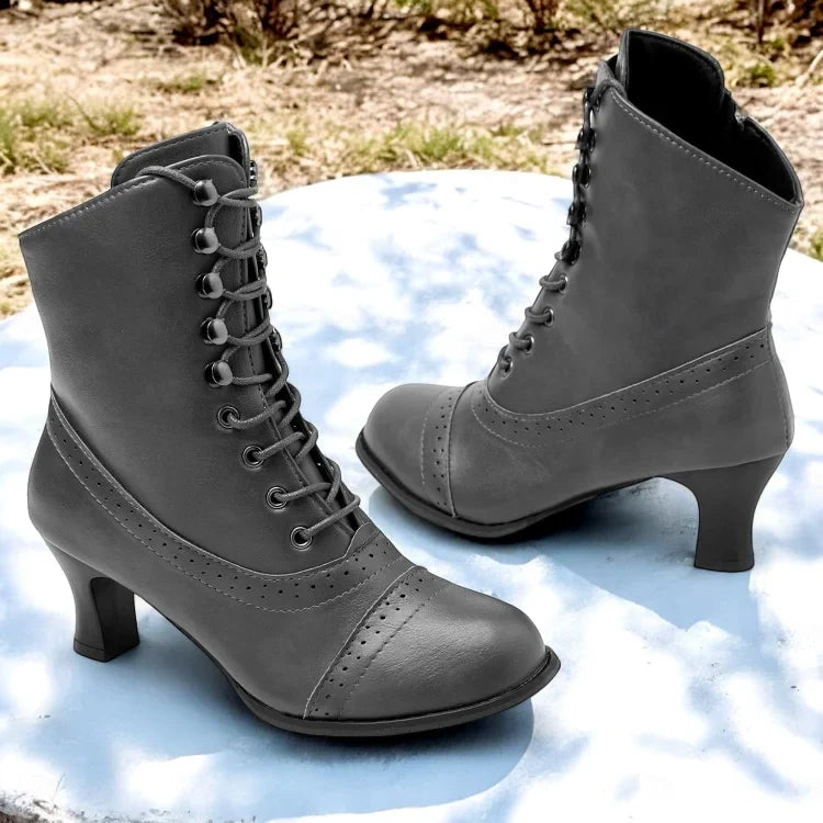 Elegant brown Victorian mid-heel lace-up boots for women, featuring a stylish design and practical side zipper.