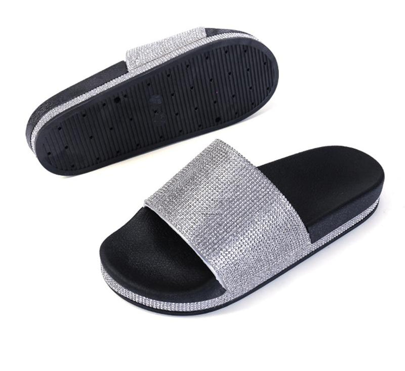 Fashionable women's slides, crystal embellished, perfect sparkle footwear.