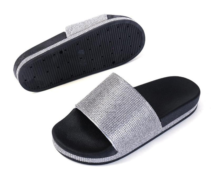 Fashionable women's slides, crystal embellished, perfect sparkle footwear.