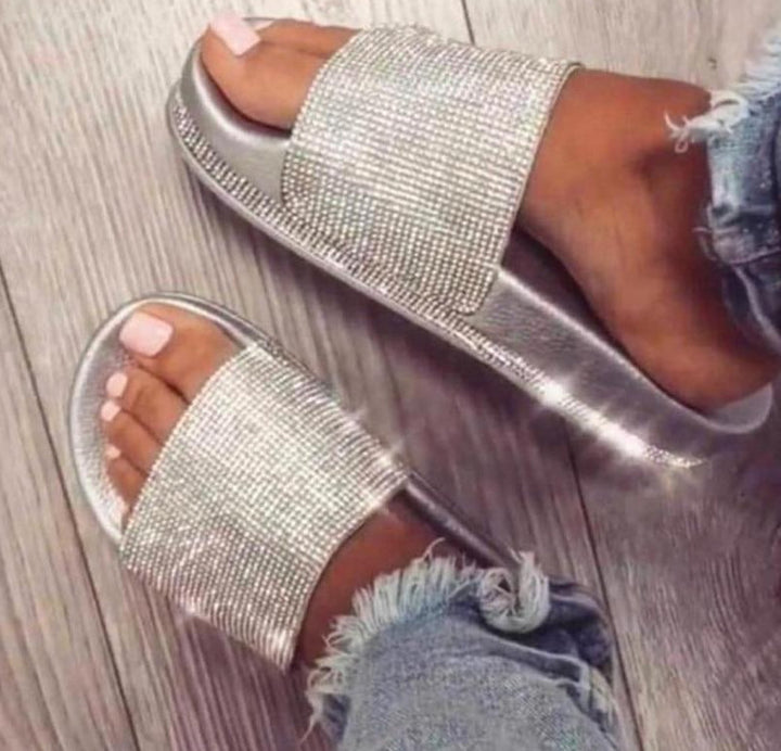 Comfortable crystal slides for women, elegant embellished summer shoes.