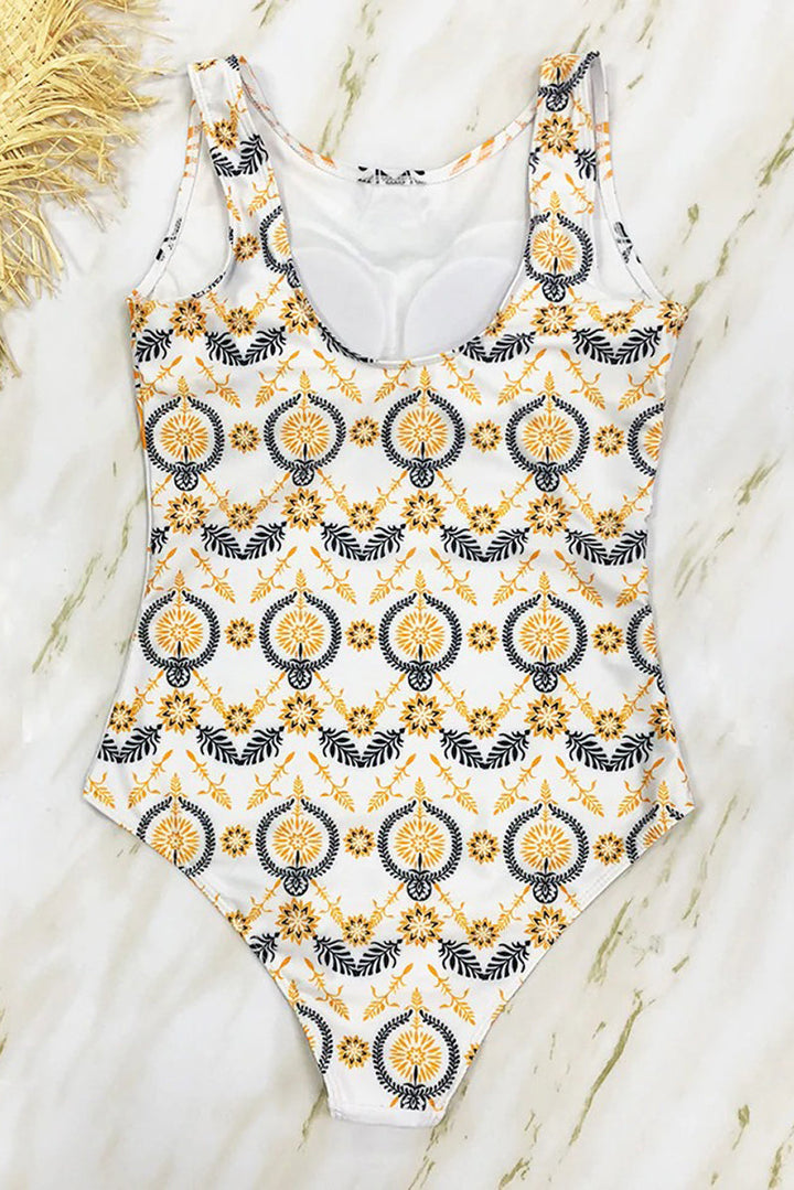 Trendy high neckline women's swimsuit with elegant pattern, ideal for stylish summer beach and pool.