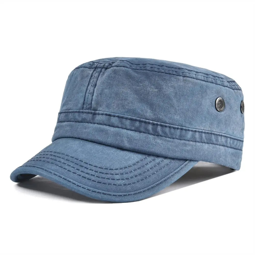Distressed men's rugged baseball cap, vintage wash, adjustable strap, cool casual headwear.