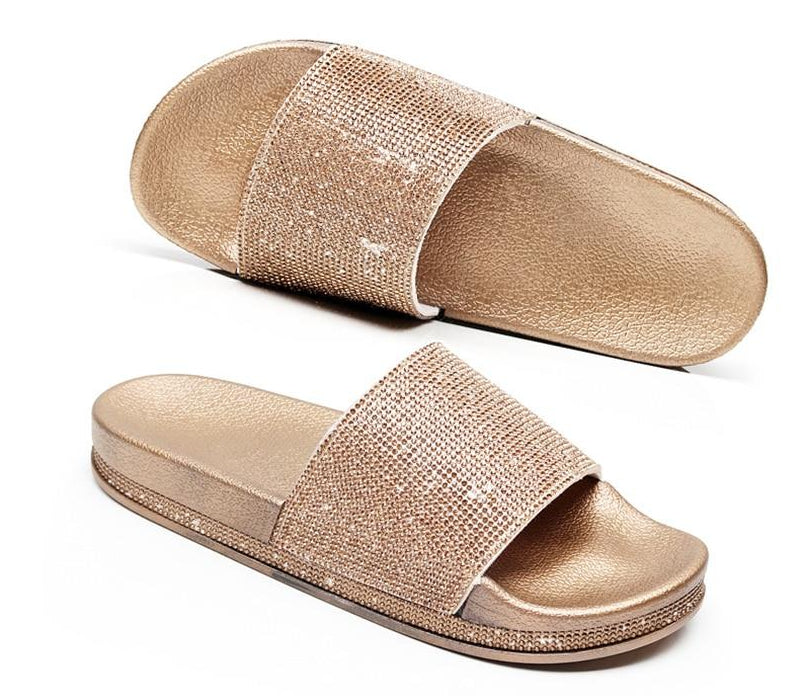 Stylish women's footwear: sparkling crystal slide sandals, ultimate comfort.