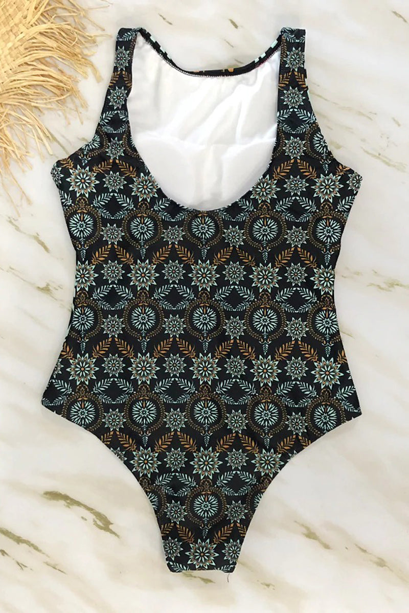 Comfortable high neckline women's swimsuit with stylish printed pattern, essential summer beachwear.