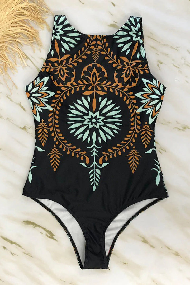 Stylish white high neckline women's swimsuit, a fashionable choice for summer beach and pool.