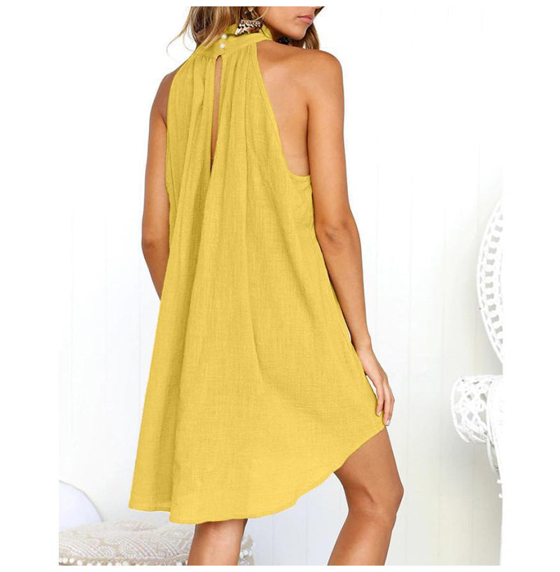 Elegant women's sleeveless dress with classic collar & stylish pleats, perfect for chic summer fashion.
