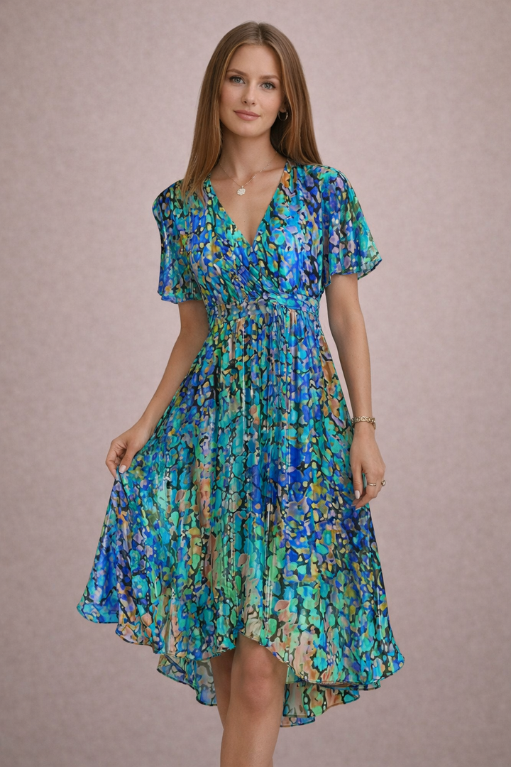 Flattering women's floral midi dress, designed with comfortable tummy control for an elegant silhouette.
