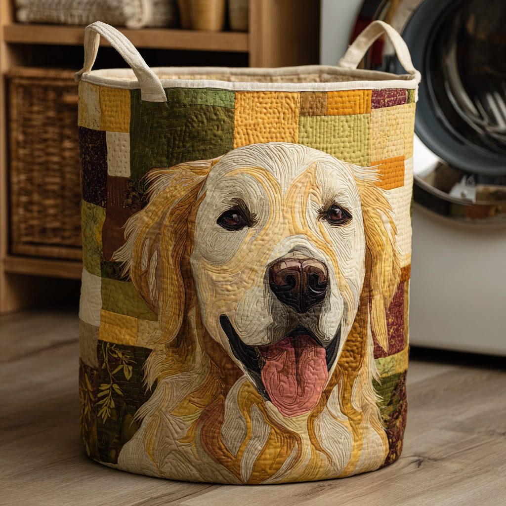 Golden Retriever quilted laundry basket for home storage. Cute dog themed foldable storage bin, perfect for pet lovers.